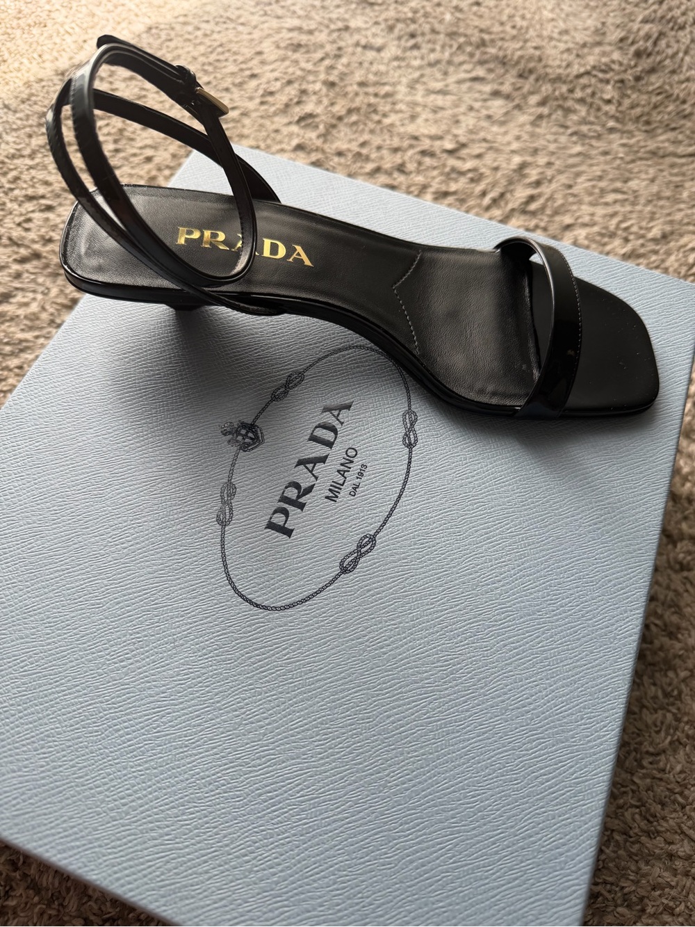 Prada Black Leather Square-Toe Strappy Heel Sandal